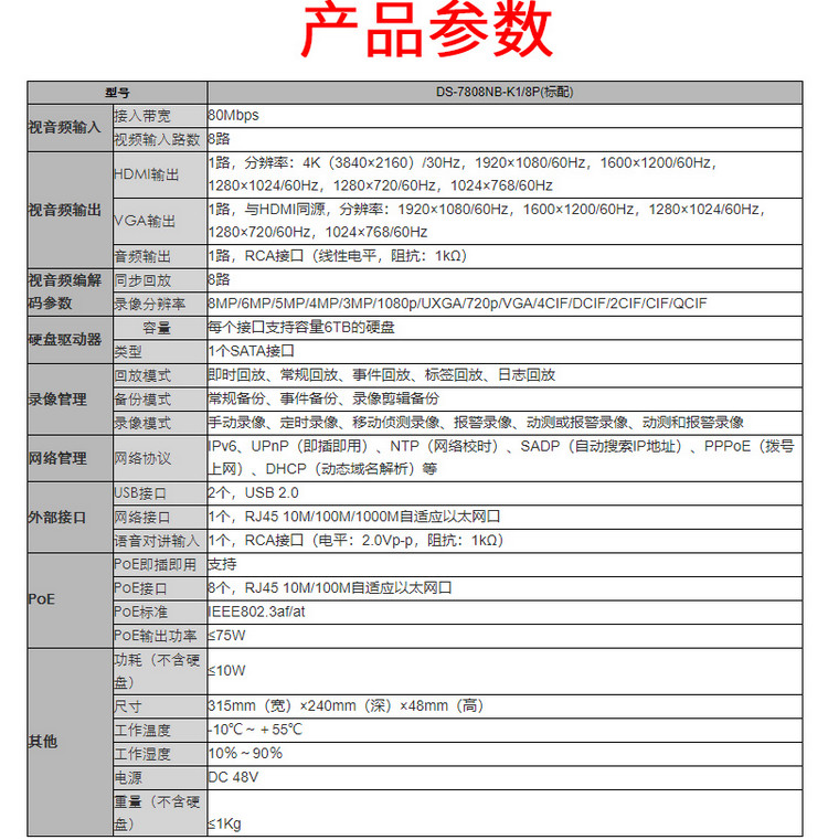 海康威视(hikvision)ds-7808nb-k1/8p 监控录像机_录像机_影像设备